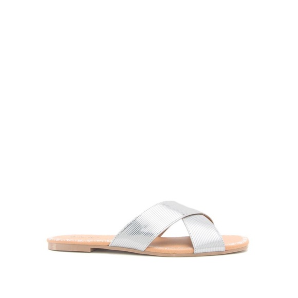 Silver Metallic Criss Cross X Slide Sandals Flat Slip On Summer Shoes - Picture 6 of 8